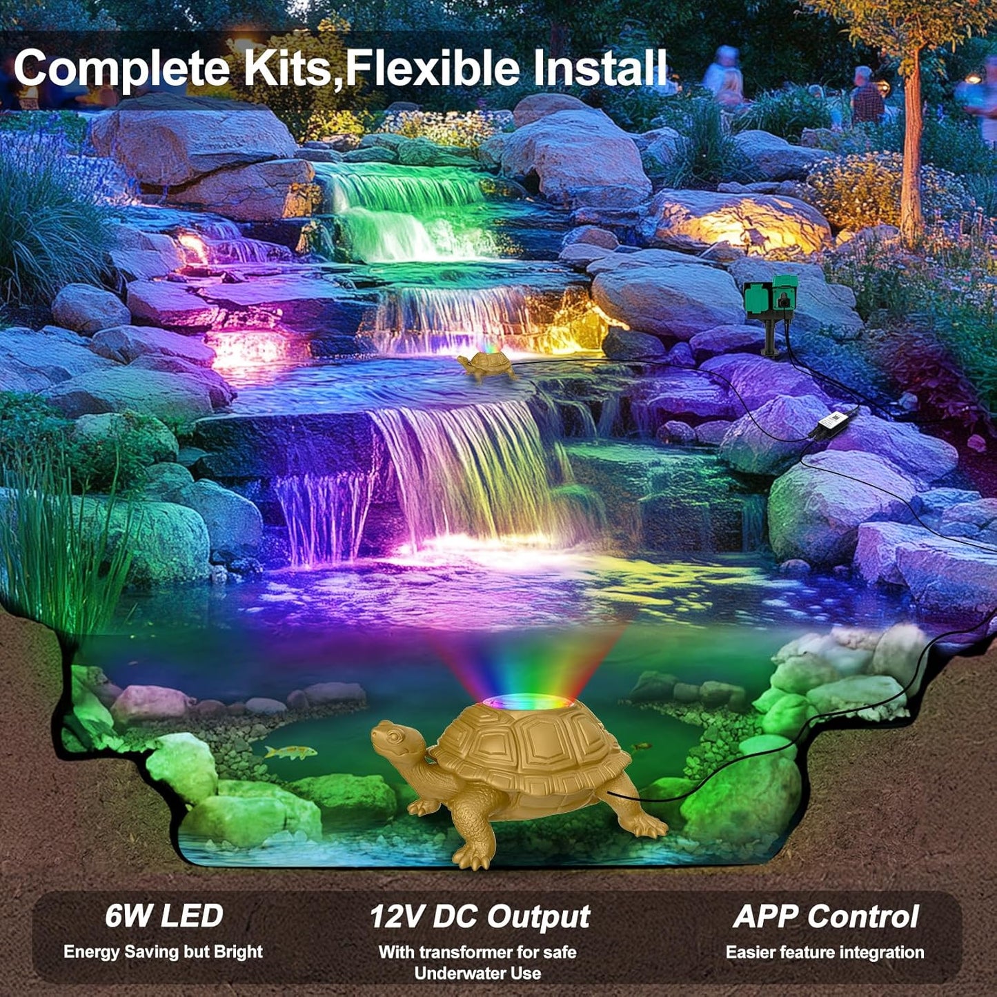Underwater LED Pond Light with 12V Transformer, 6W Turtle Fountain Light LED Underwater with APP, IP68 Waterproof Underwater Lights for Pond Fountain Waterfall Yard Water Feature, 2 SpotLights