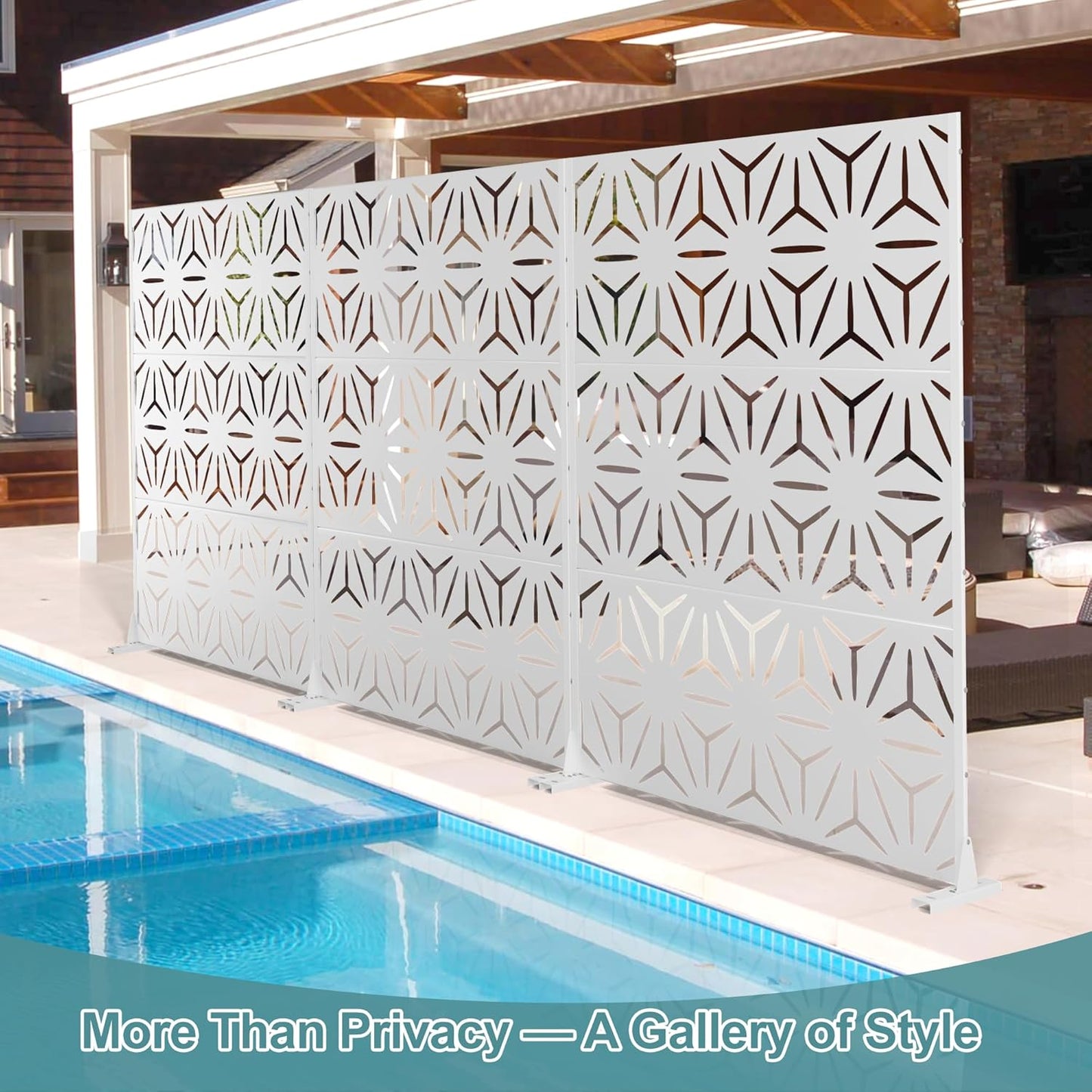 Metal Privacy Screen Outdoor Freestanding Privacy Wall Panels and Decorative Patio Dividers, Crafted from Steel with Sun-Proof Design, Ideal for Patio, Deck, Garden,72" H×47" L,（White&Star）