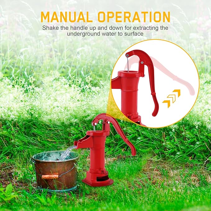 Samger Antique Pitcher Hand Water Pump Cast Iron Red Hand Well Pump 25ft Maximum lift Manual Water Transfer Pump Boost Fountain for Outdoor, Yard, Pond, Garden Decoration Kit