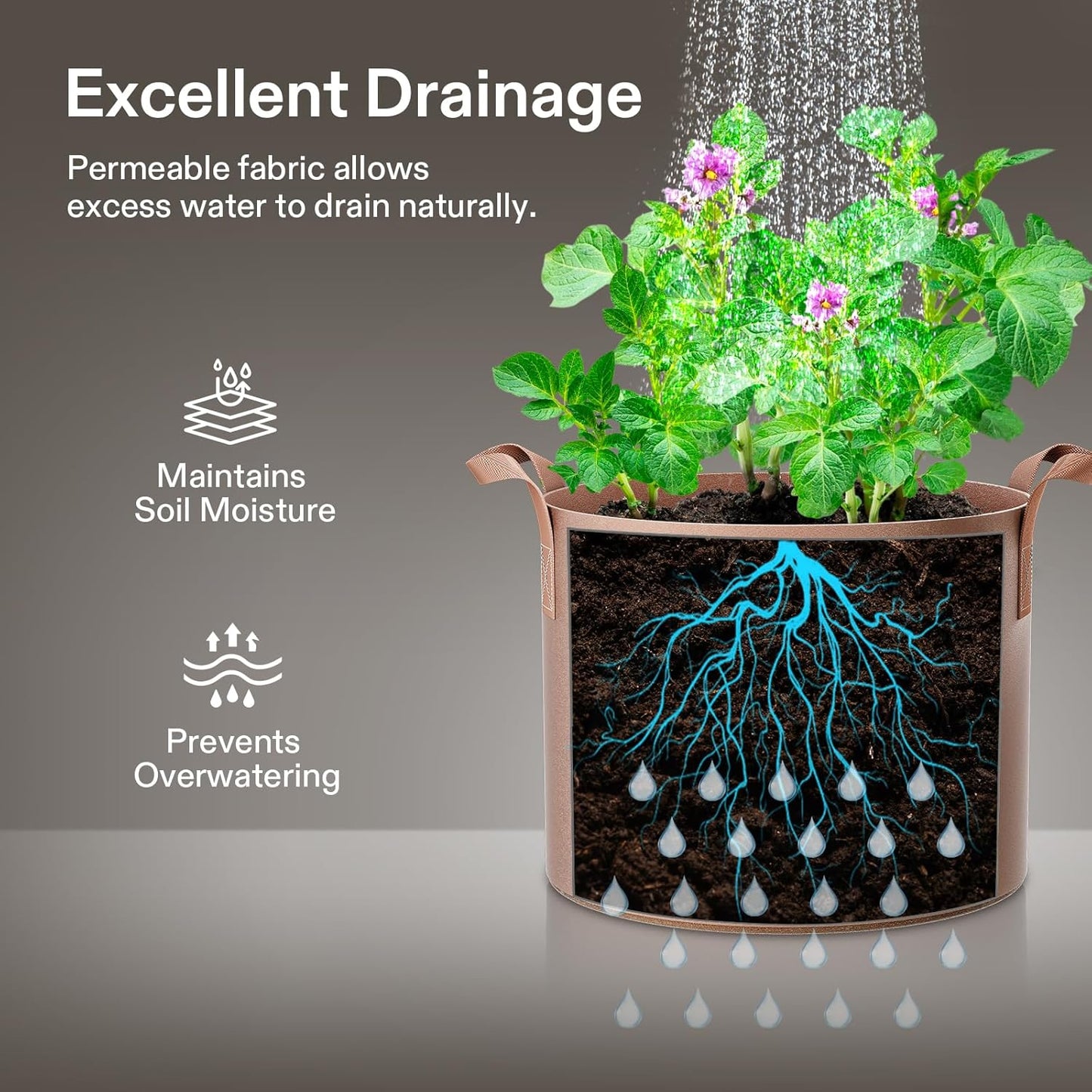 VIVOSUN 5-Pack 2 Gallons Grow Bags Heavy Duty Thickened Nonwoven Fabric Pots with Strap Handles Tan