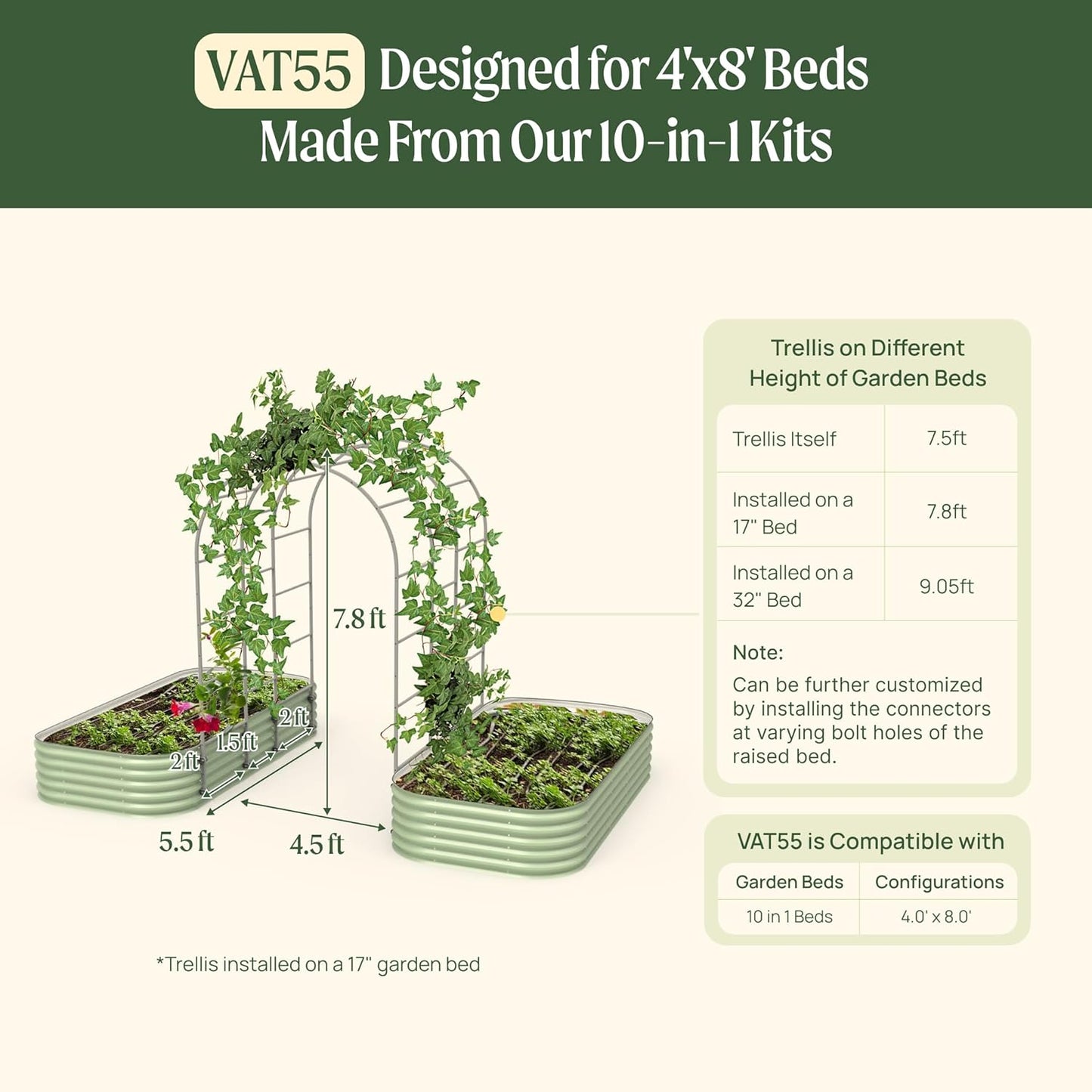 Vego Garden Modular Arched Trellis System Triple Section 5.5' Long Trellis for 4.0' x 8.0' (10 in 1) Garden Bed