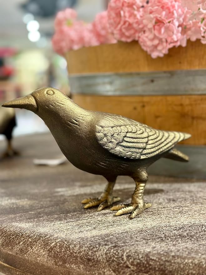 NACH Crow Decor, 4.5 x 11 x 3.5 inch, Cast Iron Antique Gold Raven Statue, Raven Decor for Outside - Head Up Crow Statue