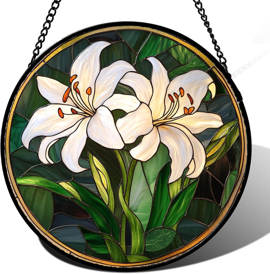 Stained Glass Window Hanging, White Lily Suncatcher for Door Garden Patio Birth Flower Green Plant Sun Catchers Decor Christmas Mother's Day Birthday Gifts for Women Mom Nana Friend 6.3 in