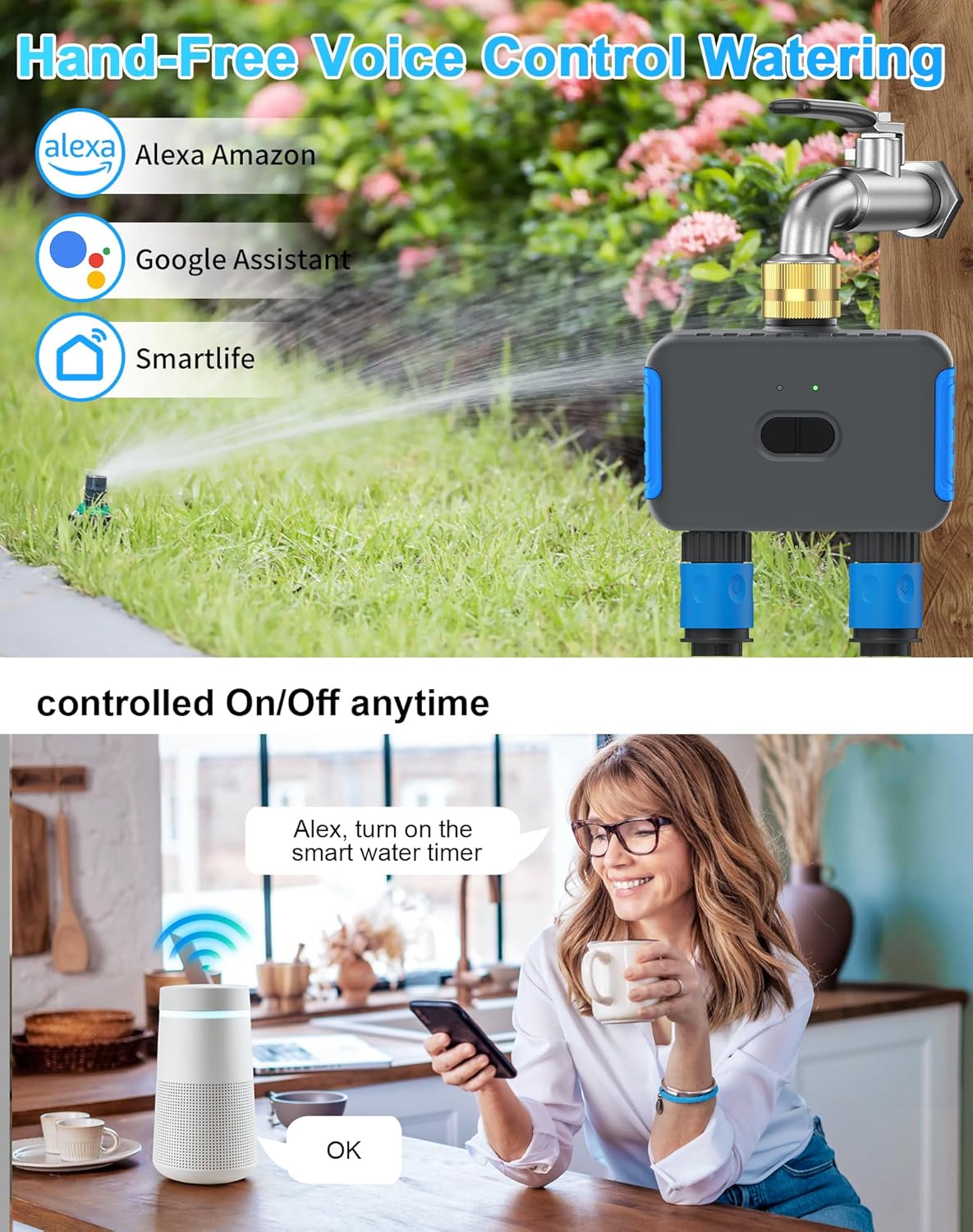 WiFi Sprinkler Timer, 2 Zone Smart Bluetooth Hose Timer, Programmable Automatic Irrigation System with Remote APP, Compatible with Alexa Google, Watering for Outdoor Garden Yard Lawn