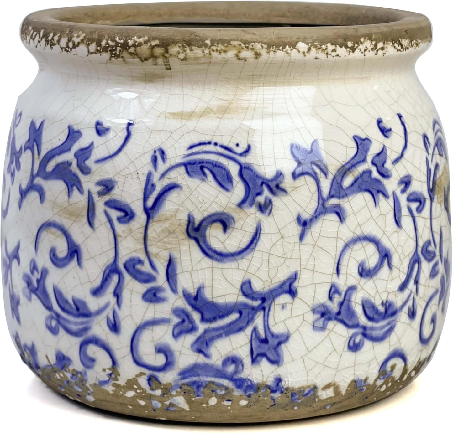 Vintage Ceramic Ice Crack Flower Pot with Drainage Holes, Country Rustic Planters for Indoor and Outdoor,Tuscan Decor,Home,Living Room, Garden Decor, Gardening Gift (Tropical)