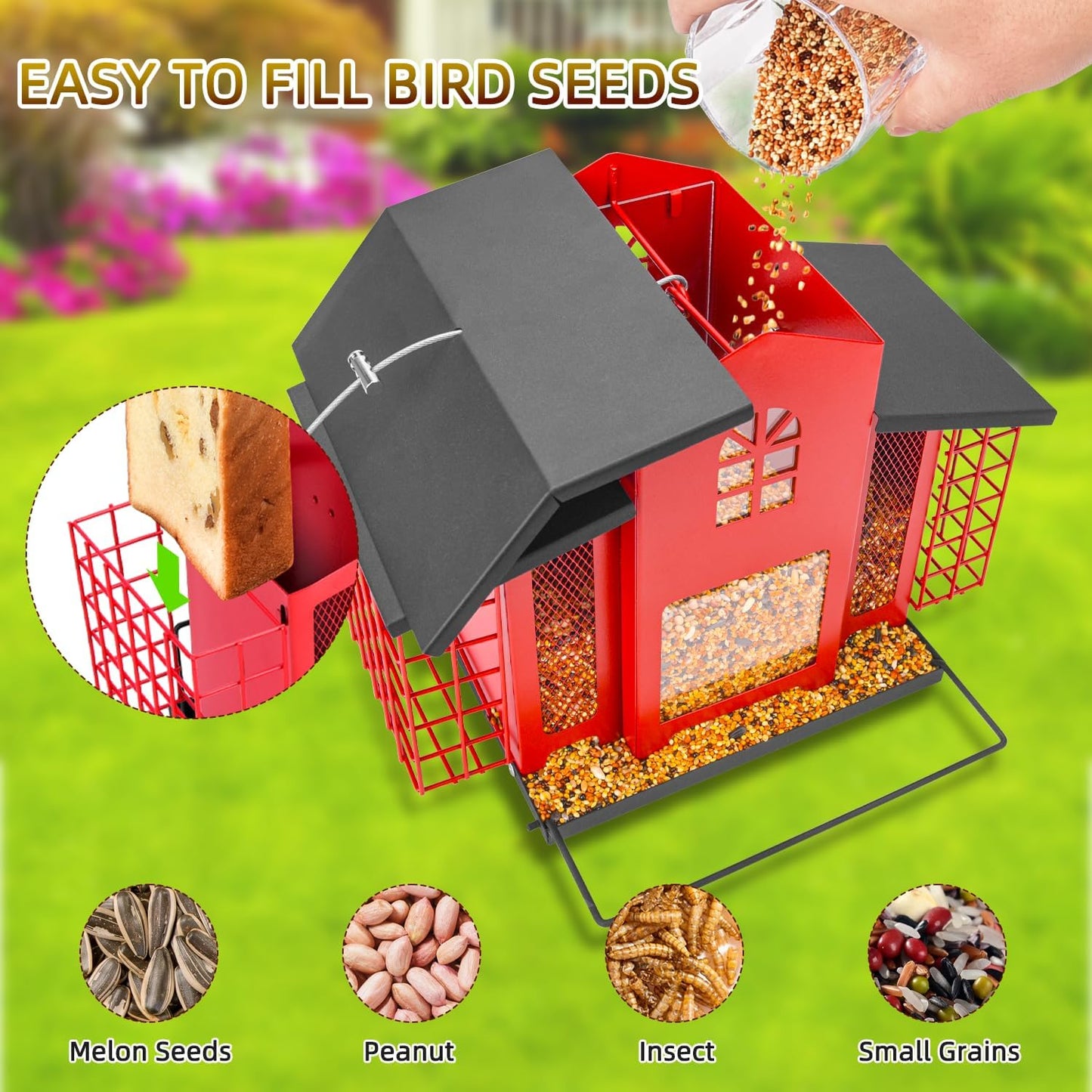 Large Bird Feeders for Outdoors Hanging,Metal Bird Feeder with Double Suet Cage Cake,Sturdy & Weatherproof,Easy to Clean & Refill,4.6Lbs Large Capacity, Great for Attracting Wild Birds,Red