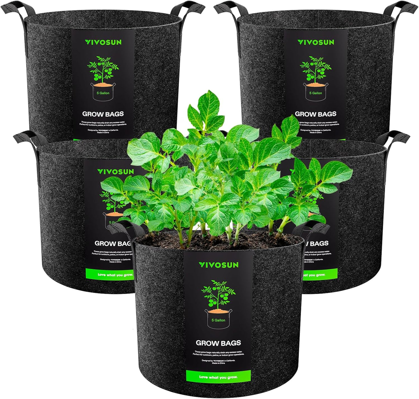 VIVOSUN 5-Pack 5 Gallon Grow Bags Heavy Duty 300G Thickened Nonwoven Plant Fabric Pots with Handles