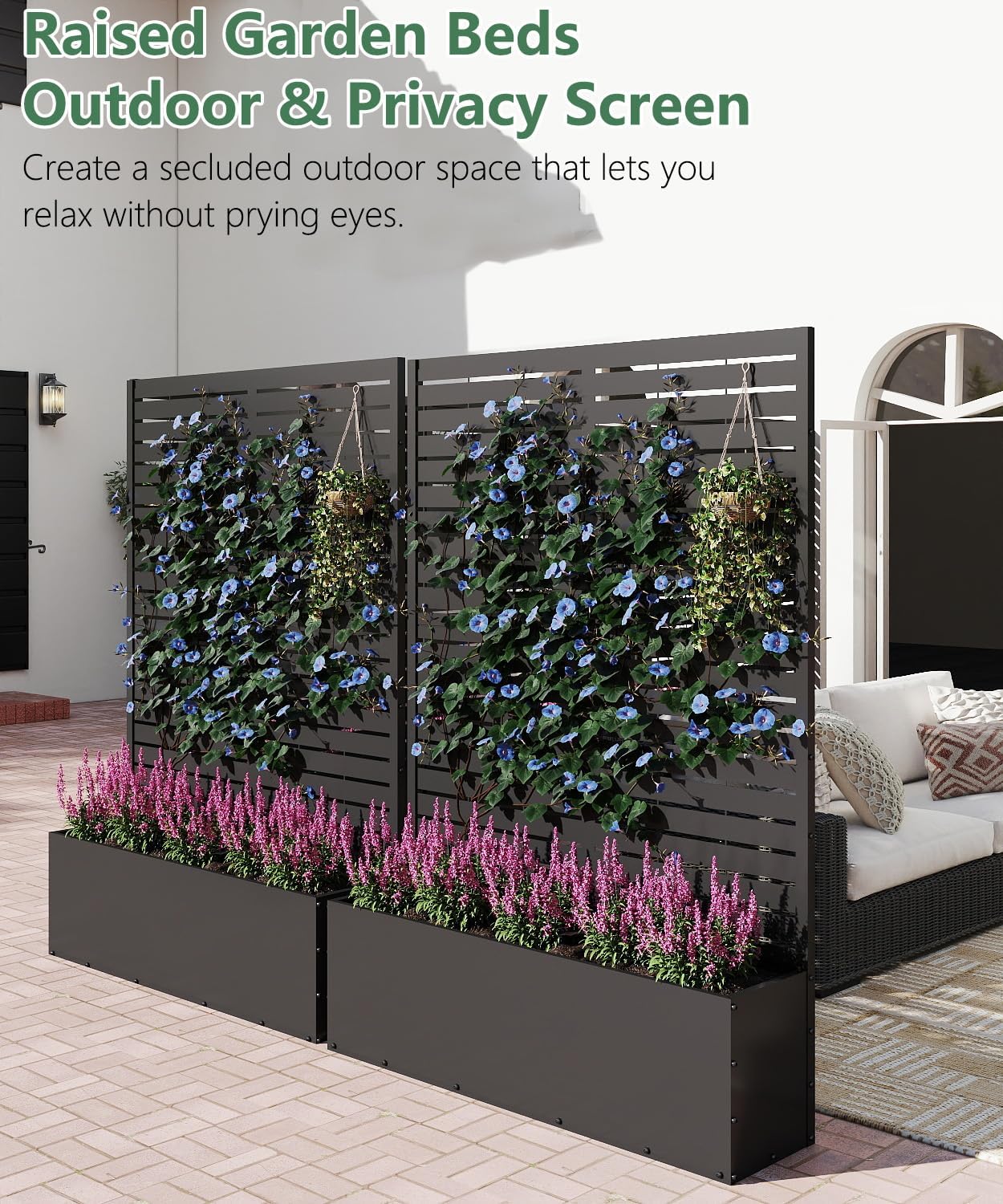 Metal Planter Box with Trellis,70.9"x47.2"x15.7" Raised Garden Bed with Drainage Holes, Privacy Planters for Outdoor Garden Bed for Climbing Plants,Vegetables,and Vines, Black-louvered