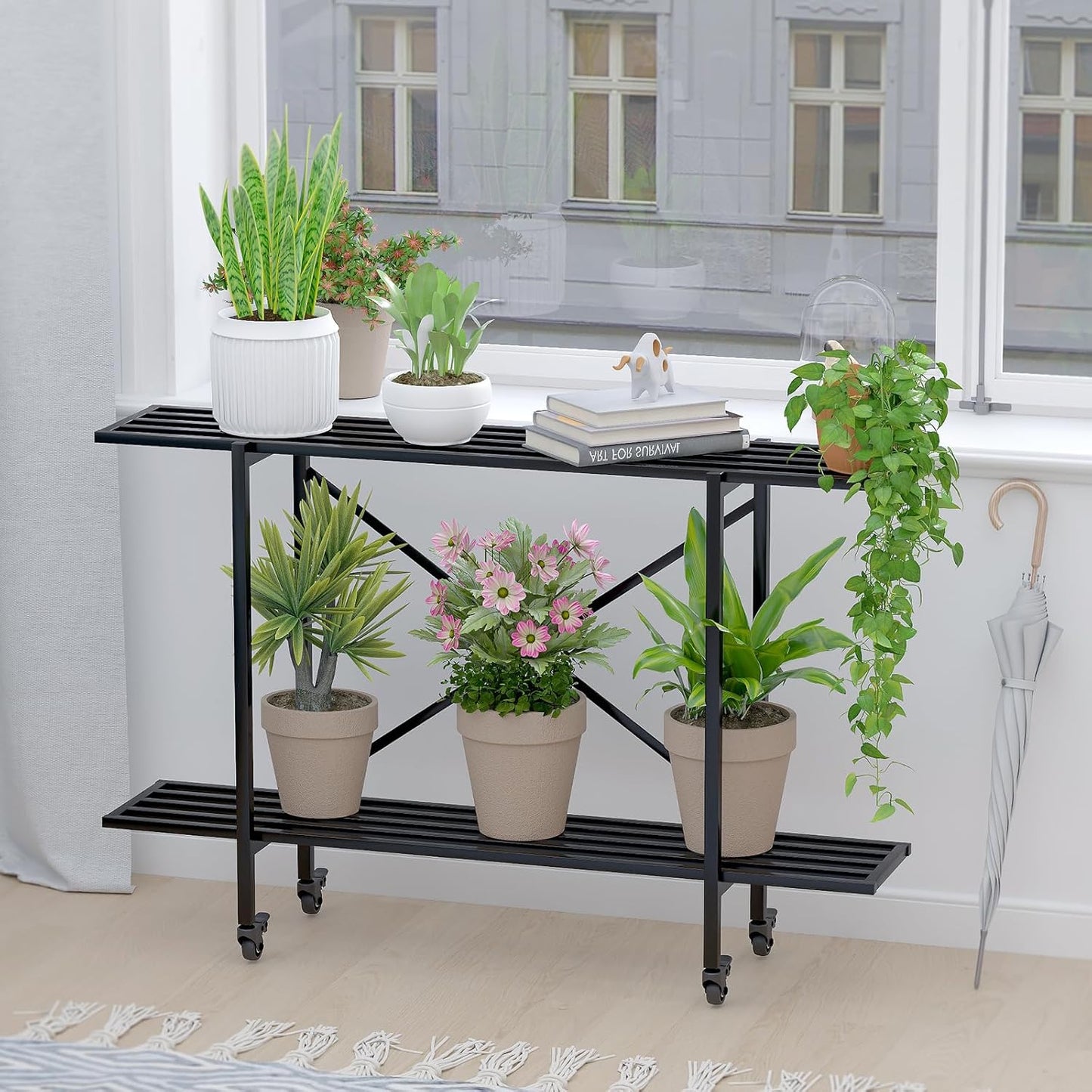 Zhongma 2 Tier Metal Sturdy Narrow Plant Stand with Wheels, Plant Stand Indoor and Outdoor, L45.67 x W10.3 x H29.9 inch, 440 LBS Capacity & Heavy Duty Construction.
