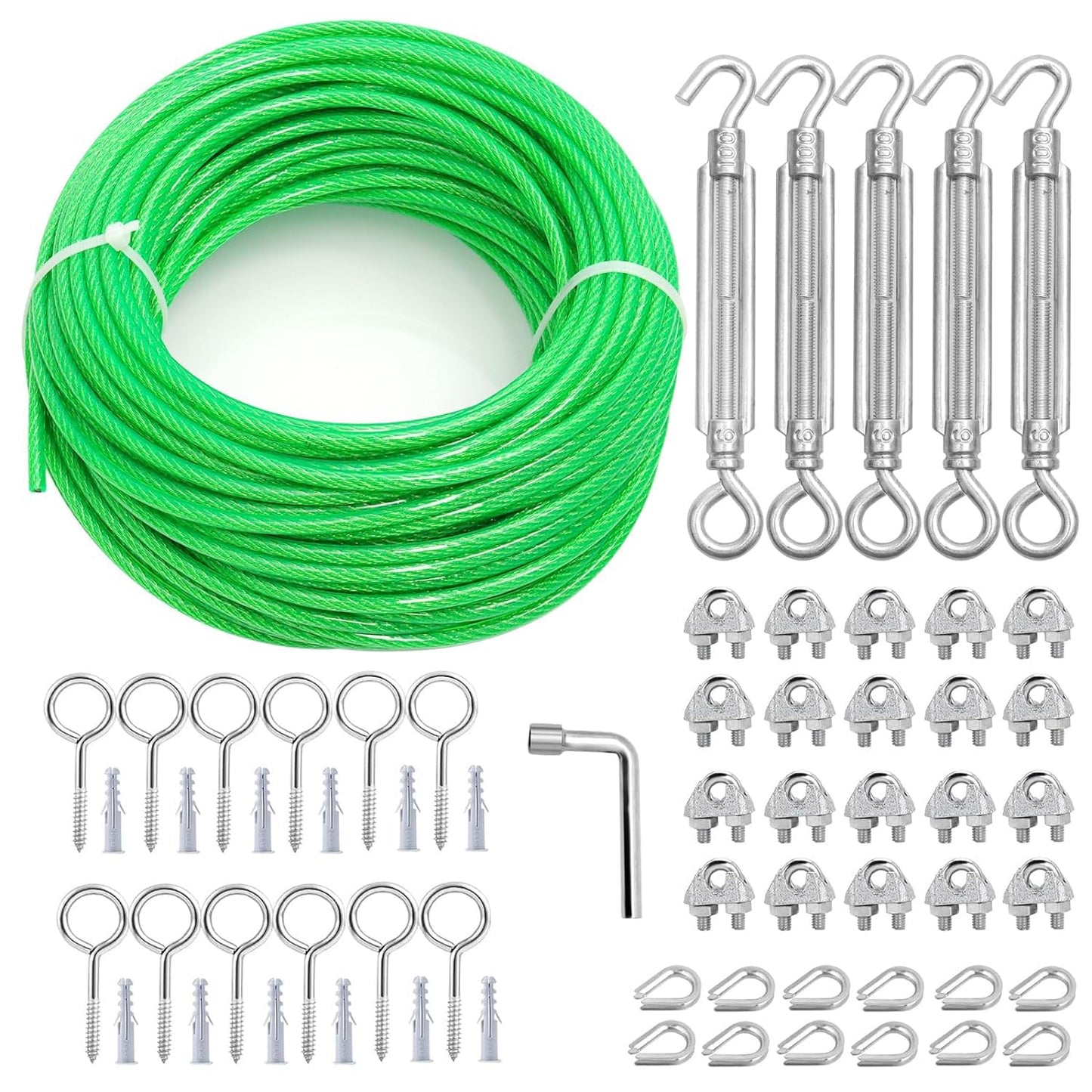 100 Ft Turnbuckles for Cables Wire, 3/16" Green PVC Coated Wire Rope Kit, Multi-use Steel Cable for Grape Vines/Clothes Line Outdoors for T Post/String Light Hanging/Garden Wire