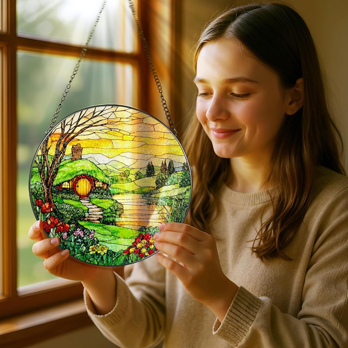 Stained Glass Window Hanging, Pauyadu 8 Inch The Shire Stained Glass Suncatcher, Window Decorations for Home, Mother's Day, Christmas, Birthday Gifts for Women, Mom, and Grandma, Nature Lovers