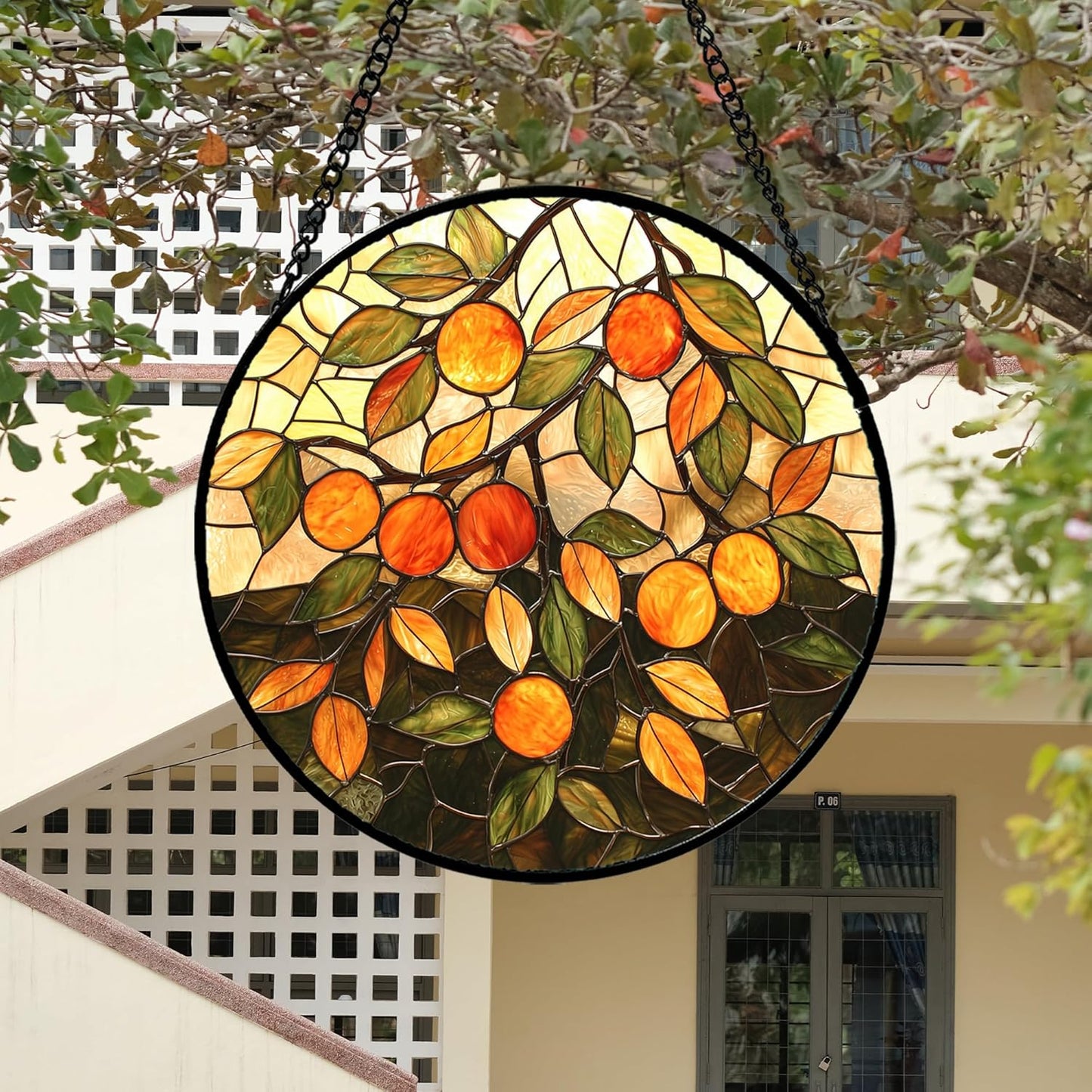 Stained Glass Suncatcher, Orange Green Fruit Tree Sun Catcher Landscape Stain Glass Window Hanging Decoration Mother's Day Birthday Gifts for Women Men Mom Nana 15 in