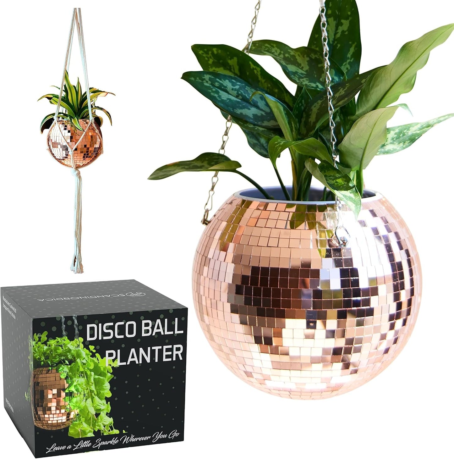 SCANDINORDICA Disco Ball Planter – Value Package: Mirror Disco Planter with Chain, Macrame Hanger and Acrylic Stand for Desk, Self Watering Insert, Plant Lover Gifts | 10 inch Rose Gold
