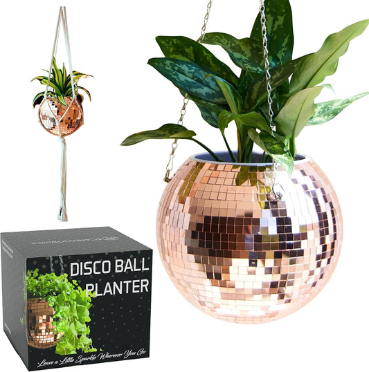 SCANDINORDICA Disco Ball Planter – Value Package: Mirror Disco Planter with Chain, Macrame Hanger and Acrylic Stand for Desk, Self Watering Insert, Plant Lover Gifts | 10 inch Rose Gold