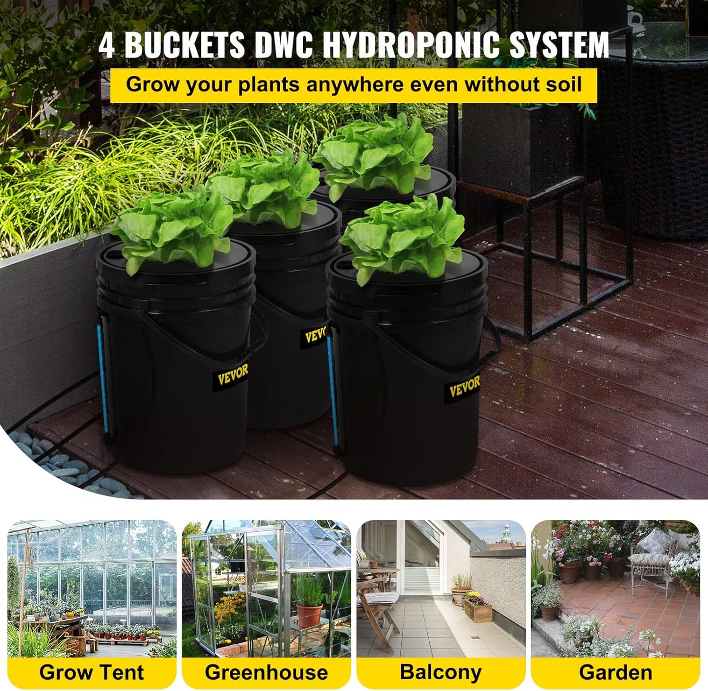 VEVOR DWC Hydroponic System, 5 Gallon 4 Buckets, Deep Water Culture Growing Bucket, Hydroponics Grow Kit with Pump, Air Stone and Water Level Device, for Indoor/Outdoor Leafy Vegetables