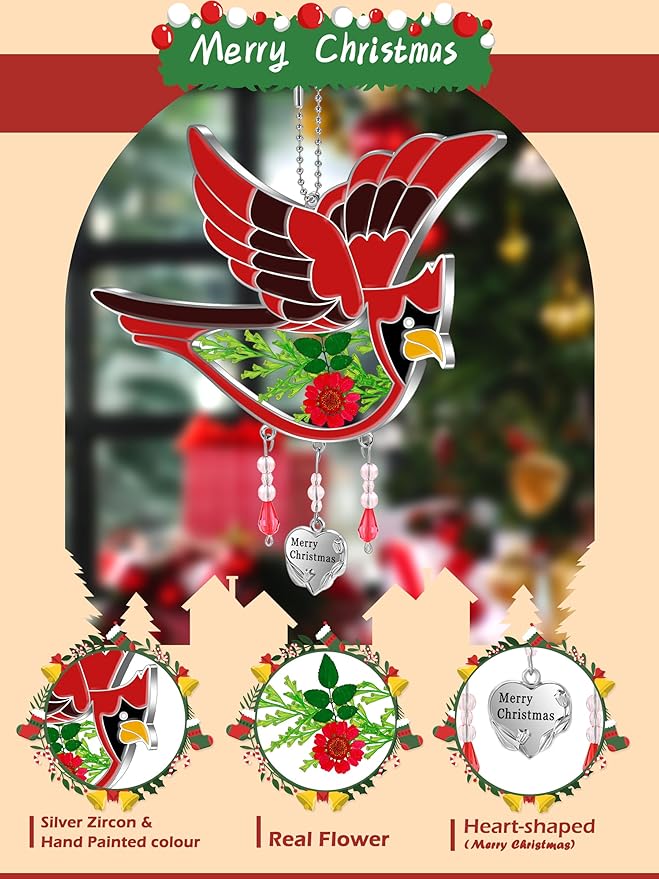 KY&BOSAM Cardinal Suncatcher Merry Christmas Hanging Ornament for Windows Sun Catchers with Pressed Real Flower in Glass and Heart Charm Birthday Gifts for Women Mom Grandma Nana Christmas Day Gifts