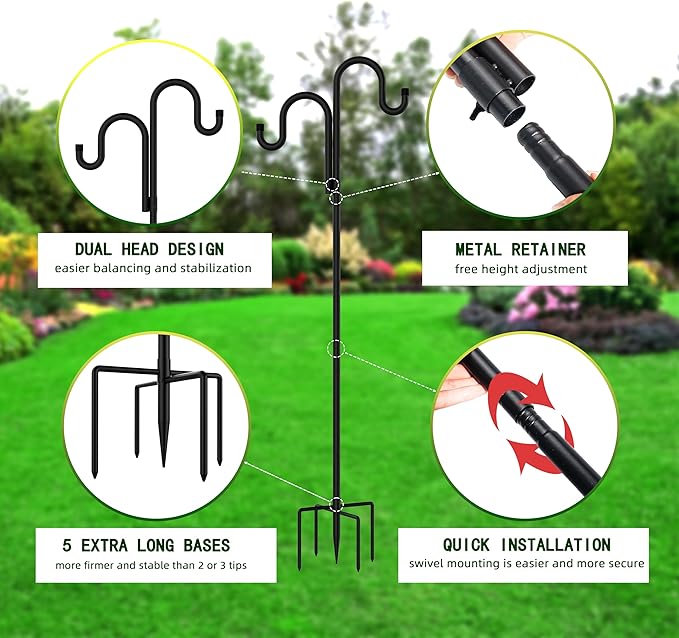 Double Shepherds Hooks for Outdoor, Bird Feeder Pole with 5 Prongs Base, Heavy Duty Garden Hook for Lantern, Wind Chime and Hummingbird Feeder, 92 Inch, 2 Pack