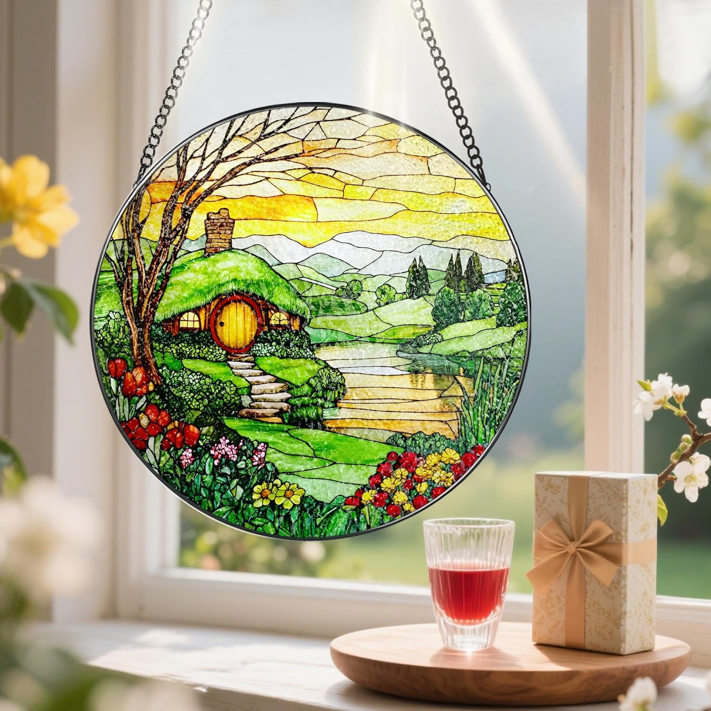 Stained Glass Window Hanging, Pauyadu 8 Inch The Shire Stained Glass Suncatcher, Window Decorations for Home, Mother's Day, Christmas, Birthday Gifts for Women, Mom, and Grandma, Nature Lovers
