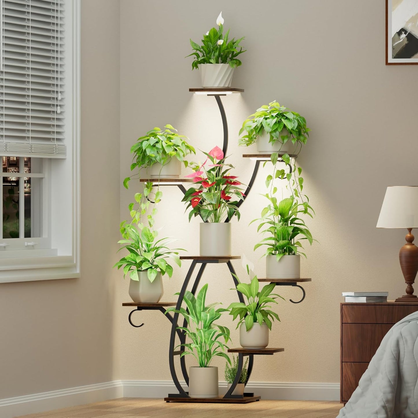 Plant Stand Indoor with Grow Lights - 58" Tall Plant Shelf Indoor, 8 Tiered Corner Lighted Plant Shelves for Indoor Multiple Plants, Metal Flower Stands Display Rack for House, Patio, Black