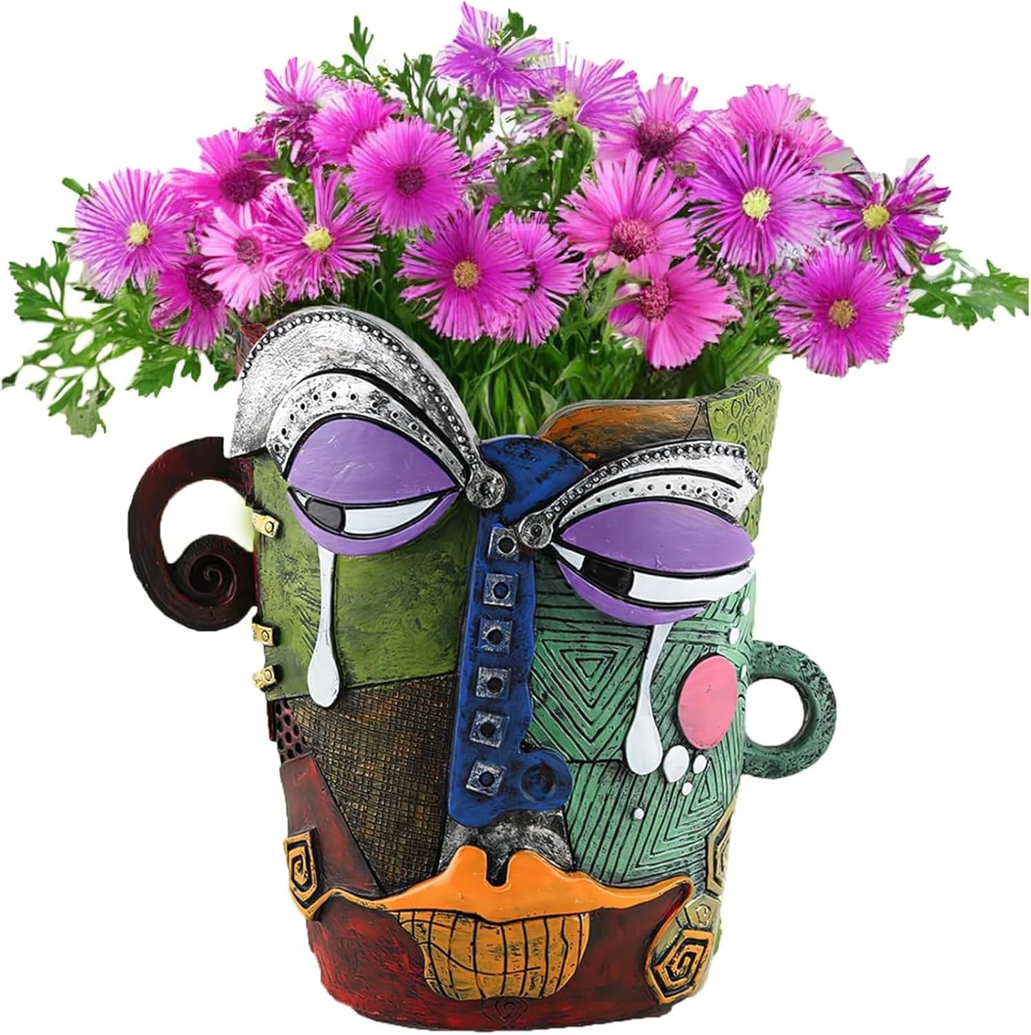 Picasso Brutalist Abstract Face Planter - Head Ornament Flower Pot Container - Colorful Art Resin (Picasso's Tearful Flowerpot)