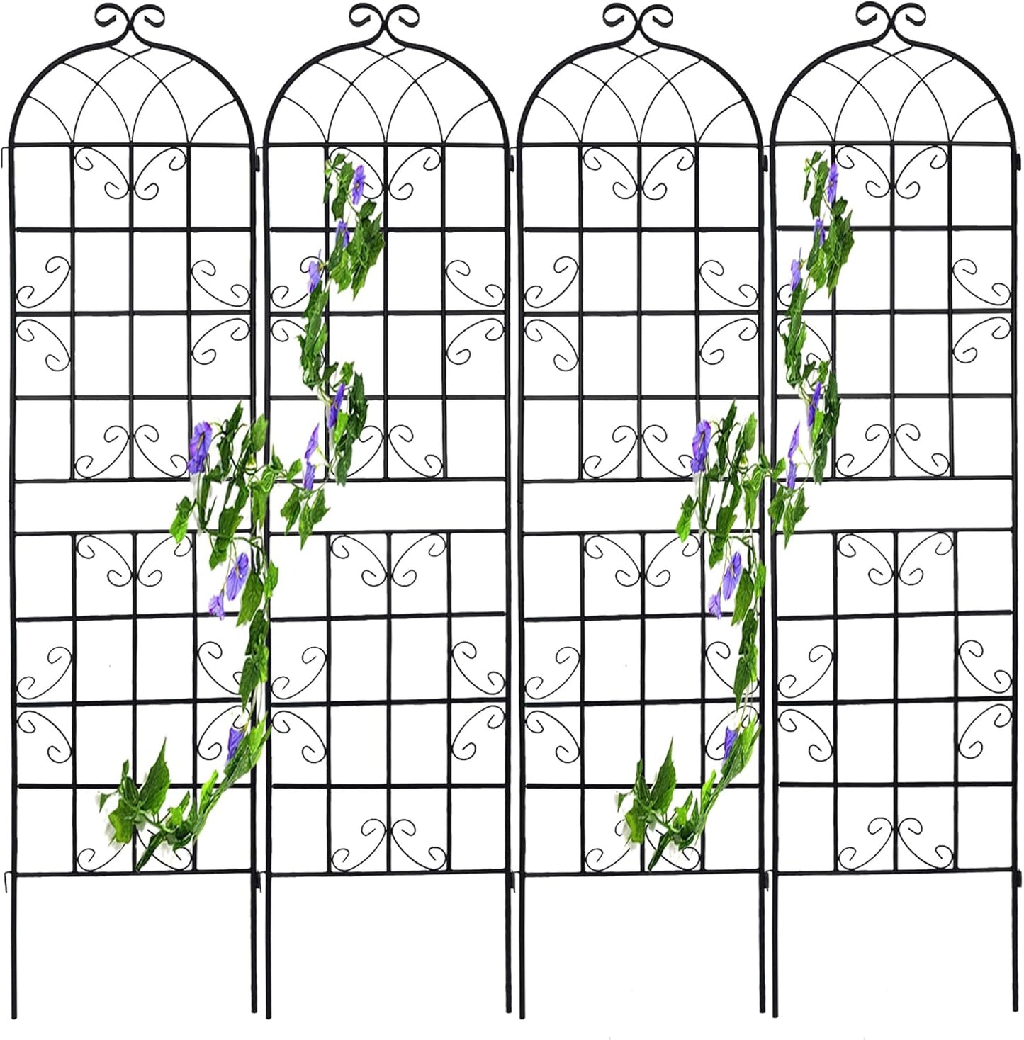 4 Pack Metal Garden Trellis for Climbing Plants, 86.7" Tall Rustproof Outdoor Trellis Panel with Vine Design, Decorative Black Iron Plant Support for Vine, Rose, Flower, Garden Wall