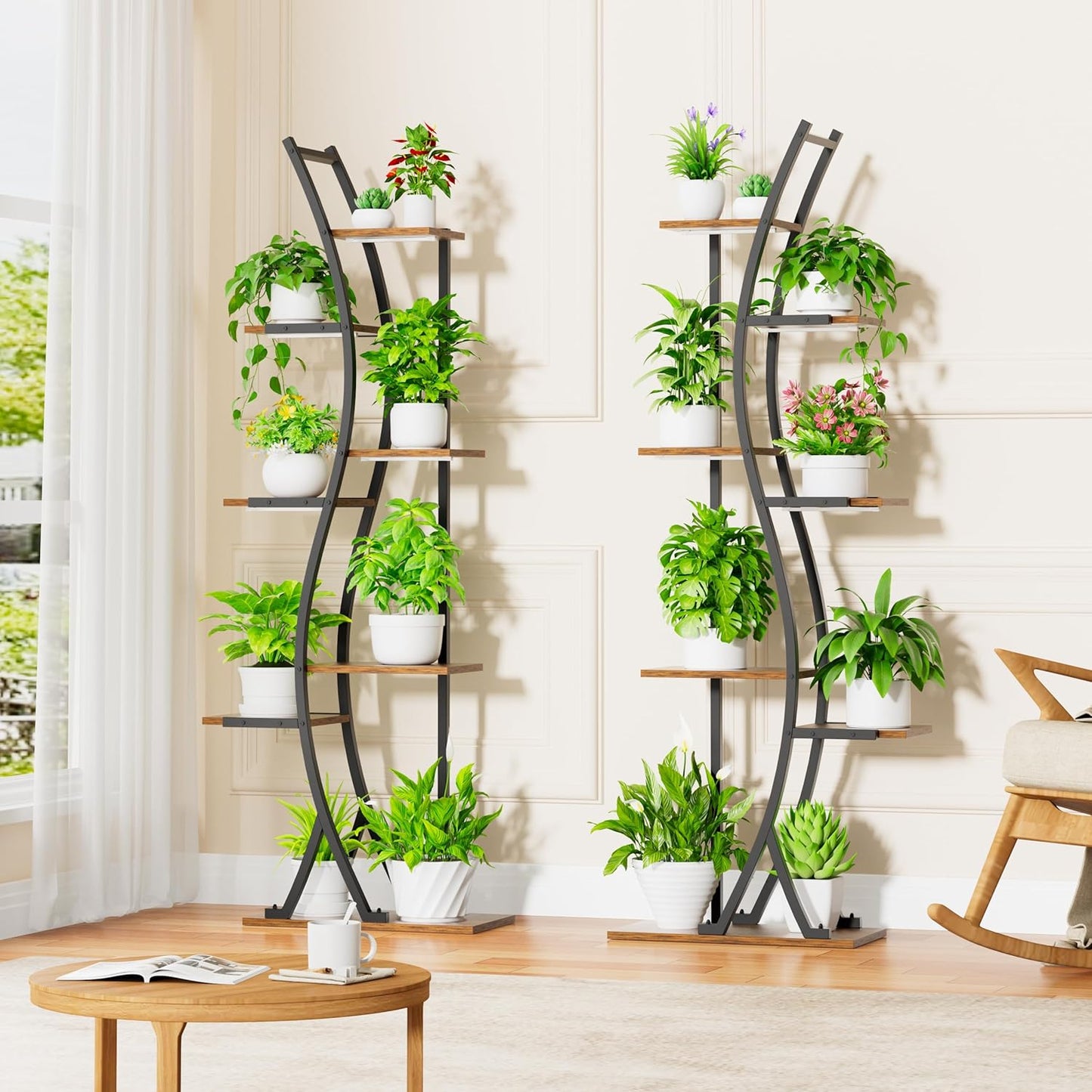 Tall Plant Stand Indoor with Grow Light, 62" 7 Tiered Plant Shelf Holder, Metal Large Corner Shelves Display Rack Flower Stand for Living room, Patio, 2 Pack