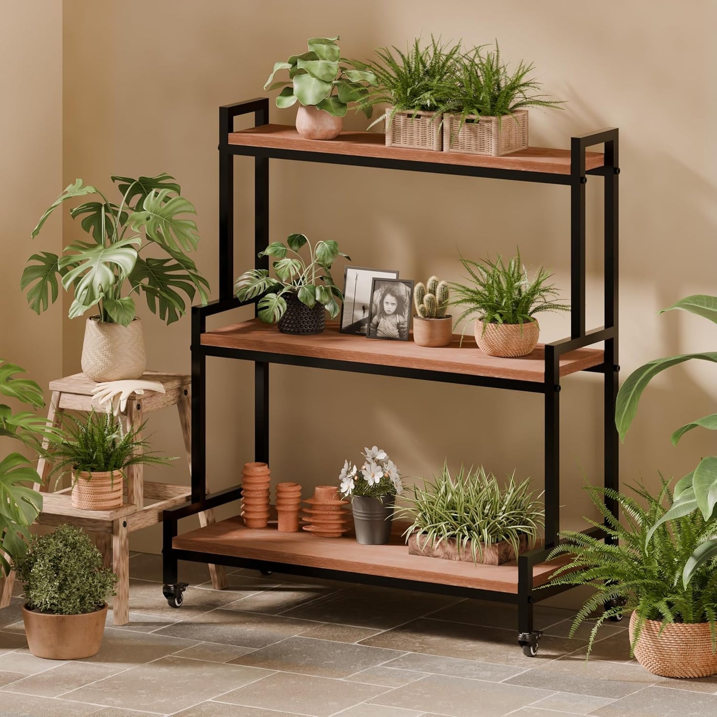 Rustic Plant Stand with Wheels 37“ H, Rolling Plant Shelves Rack Indoor Outdoor,Metal Plant Stand with Solid Wood for Multiple Plants,Industrial Ladder Plant Flower Shelf for Garden,Living Room,Brown
