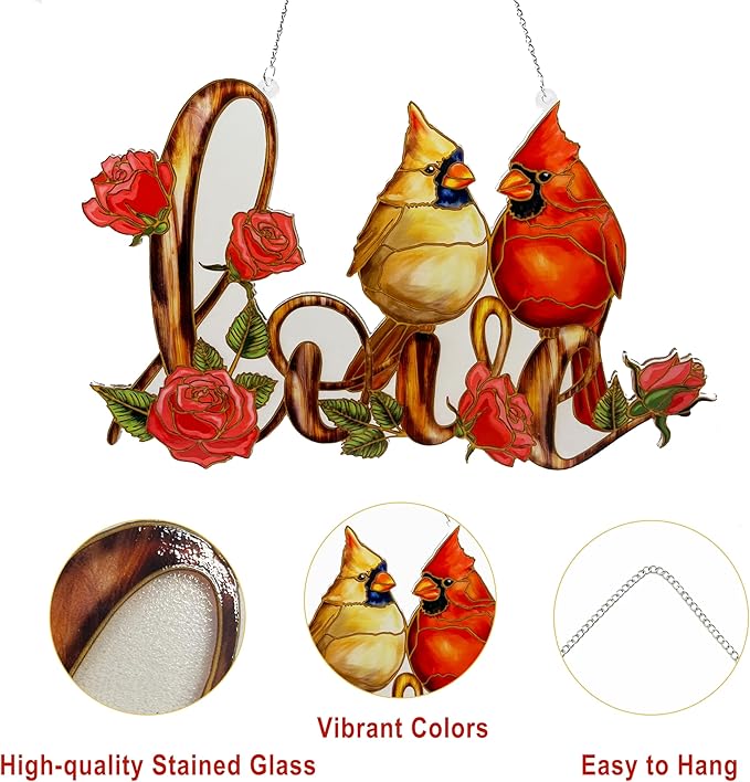 Love with Red Cardinal Suncatcher Red Bird Stained Glass Suncatchers Window Hanging Ornament for Home Decor for Valentine's Day Mother's Day Women Mom Birds Lovers Friends (Love)
