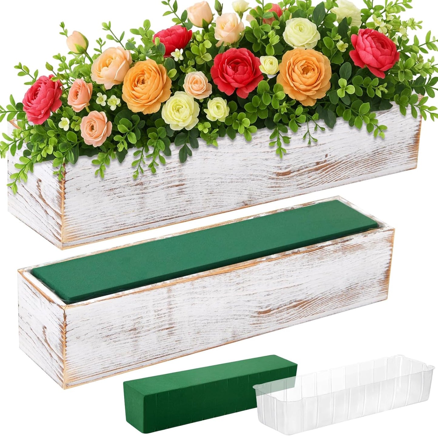 Dandat 2 Set Wood Boxes for Centerpieces 16x4 Inch Rectangle Wooden Planter Box Rustic Wooden Planters with Removable Plastic Liner Floral Foam Blocks for Home Wedding Garden Decor