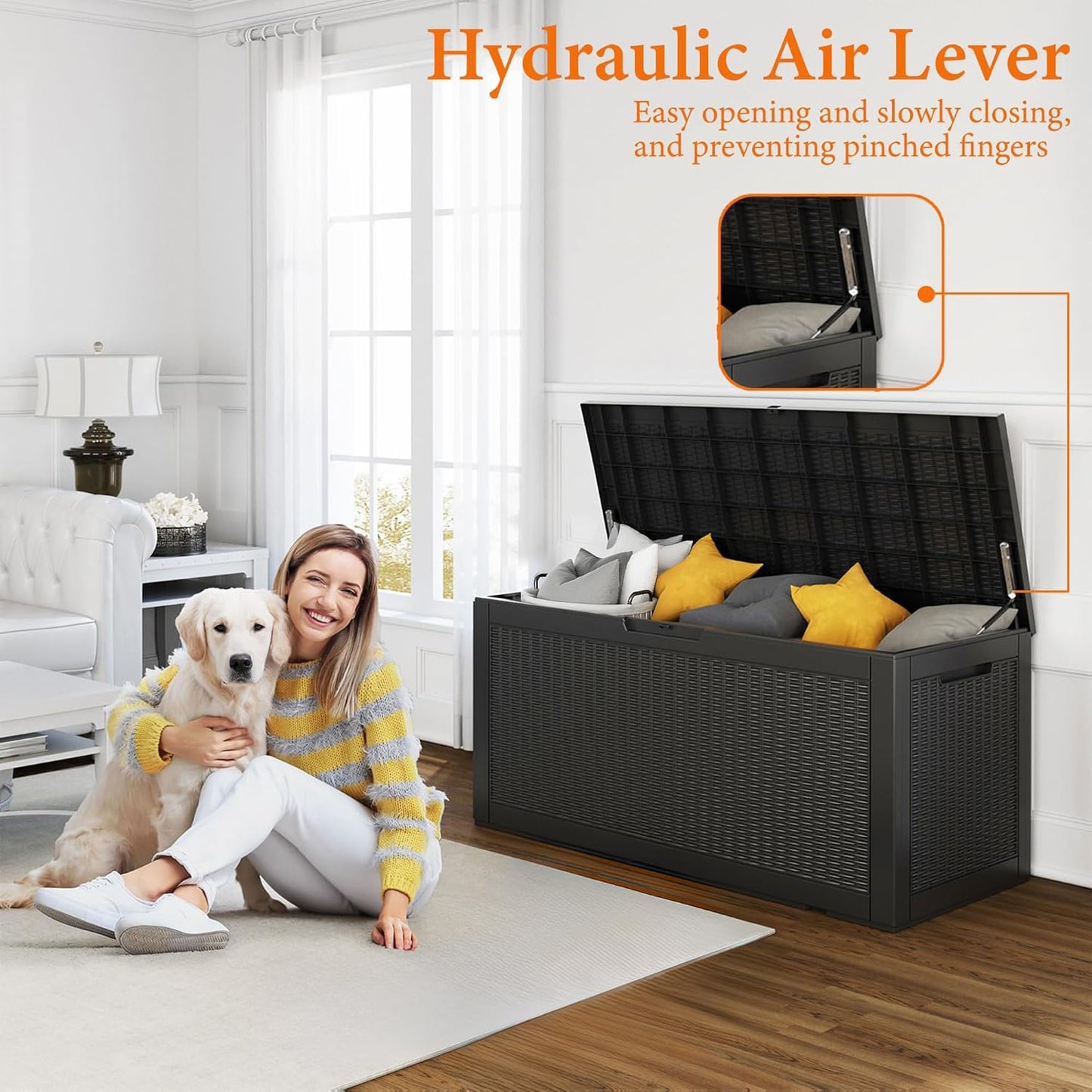 100 Gallon Resin Deck Box, Lockable Patio Outdoor Storage Box for Furniture, Garden Tools and Tools Storage, Waterproof Outside Storage Boxes - Black