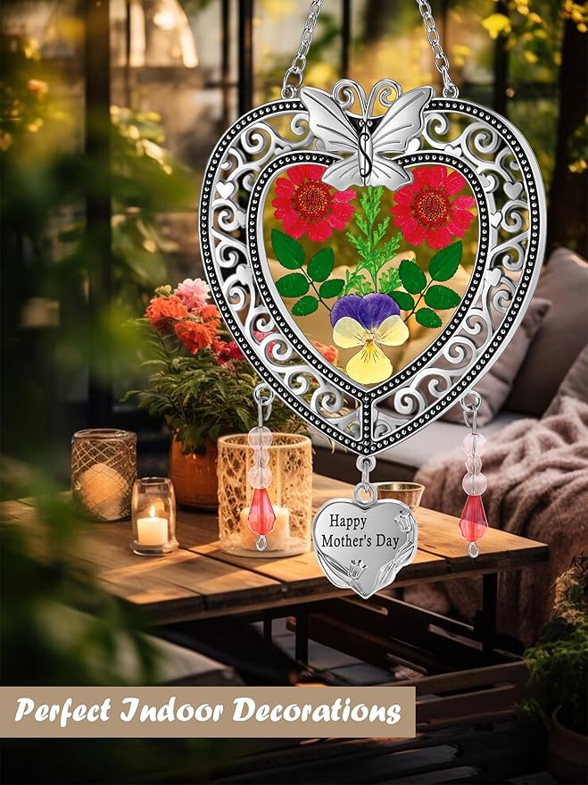 KY&BOSAM Suncatcher Happy Mother’s Day Stained Glass Tree of Life Heart Gifts Garden Ornament Wind Chimes for Windows Pressed Flower Between Heart in Glass Metal Engraved Charm as