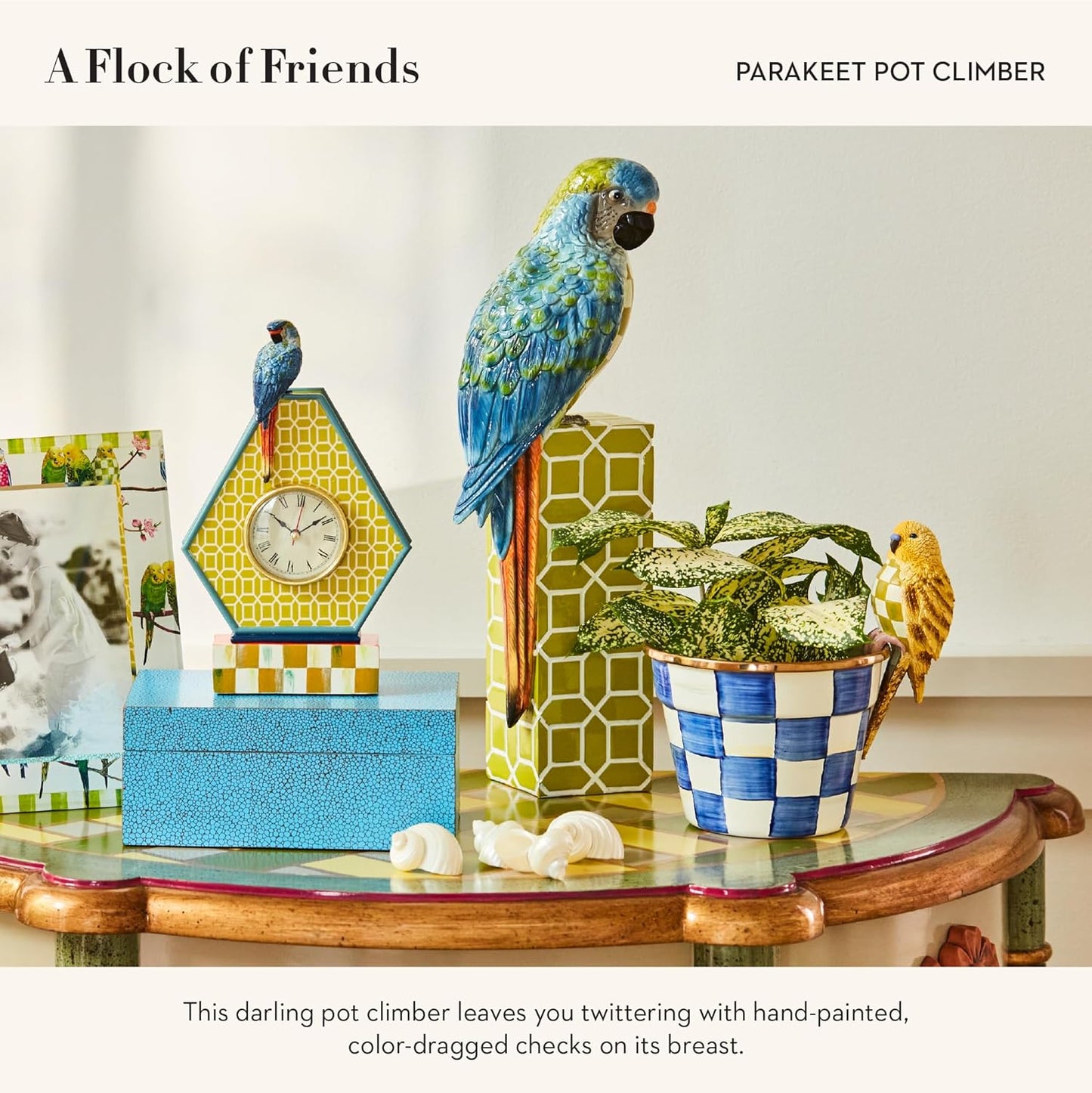 MACKENZIE-CHILDS Pot Climber, Decorative Indoor and Outdoor Planter Hanging Decor, Chartreuse Parakeet