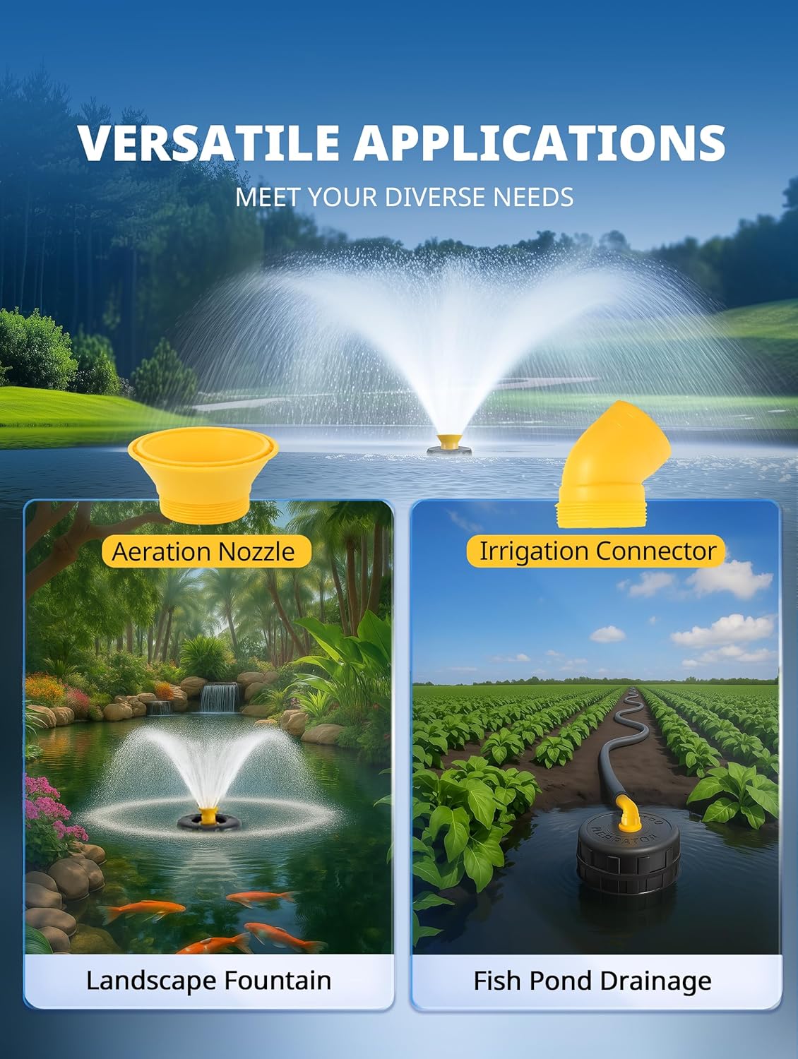 Pond Fountain Aerator, 1HP 15000 GPH Fountain Pump with Timer, 15A/110V 100FT power cord, 2 Spray Patterns, Energy-Efficient Water Circulation for Ponds & Lakes