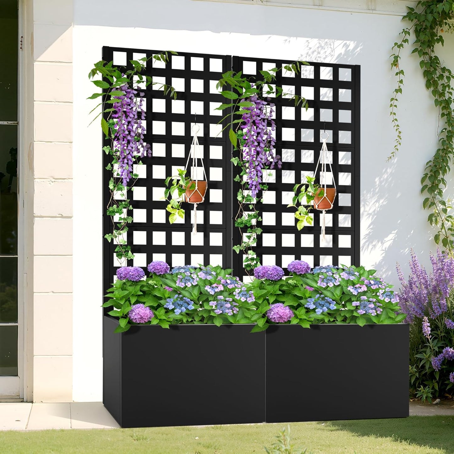 Metal Planter Box with Trellis, Heavy-Duty Raised Garden Bed for Climbing Plants, Drainage Hole, Outdoor Planter Box with Privacy Screen，24''L×12''W×63''H
