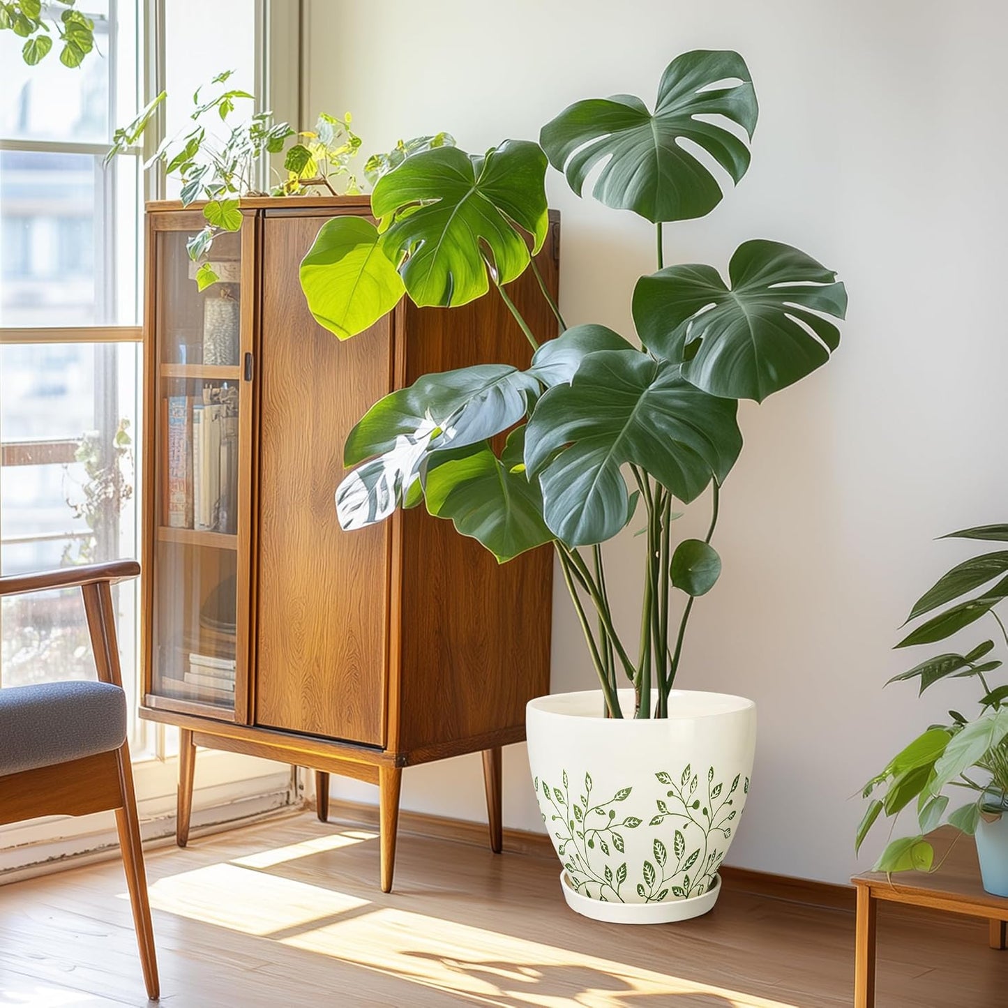 10 Inch Ceramic Planter - Ceramic Plant Pot for Indoor Outdoor Plants, Boho Round Indoor Flower Pot with Drainage Hole and Saucer, Gifts for Plant Lovers, Home Garden Apartment Decor, White