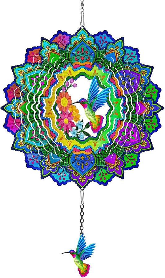 Hummingbird Wind Spinners, 12In Hanging Wind Spinner for Women Mom Grandma, 3D Stainless Steel Laser Cut Wind Sculptures Catcher for Window Outdoor Garden Yard Decor(Colorful)