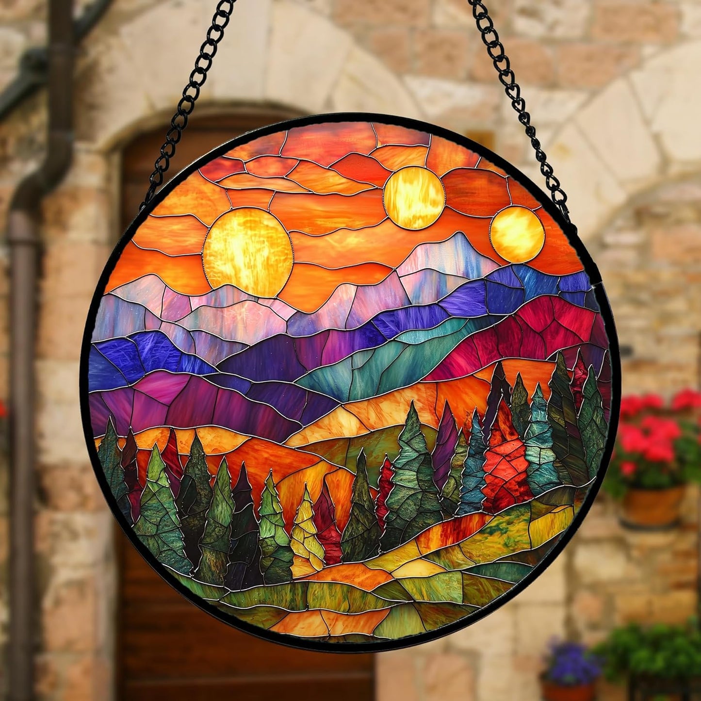 Stained Glass Window Hanging, Sunset Abstract Sun Catchers Colorful Glass Panel Landscape Suncatcher Decor for Birthday for Women, Men, Wife, Aunt, and Mom 9.8 in