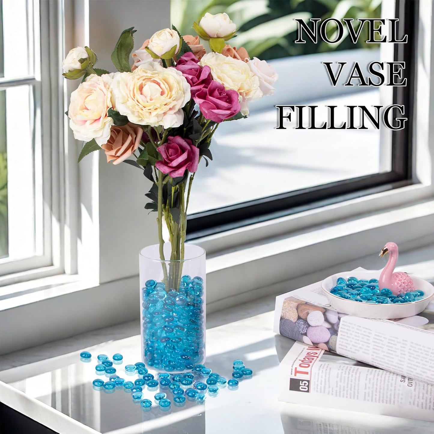 Meschett 50PCS Mini Glass Gems,Sea Blue Mancala Stones Flat Bottom Marble Beads for Home Decorative Art Craft Vase Filler(0.5"~0.7")