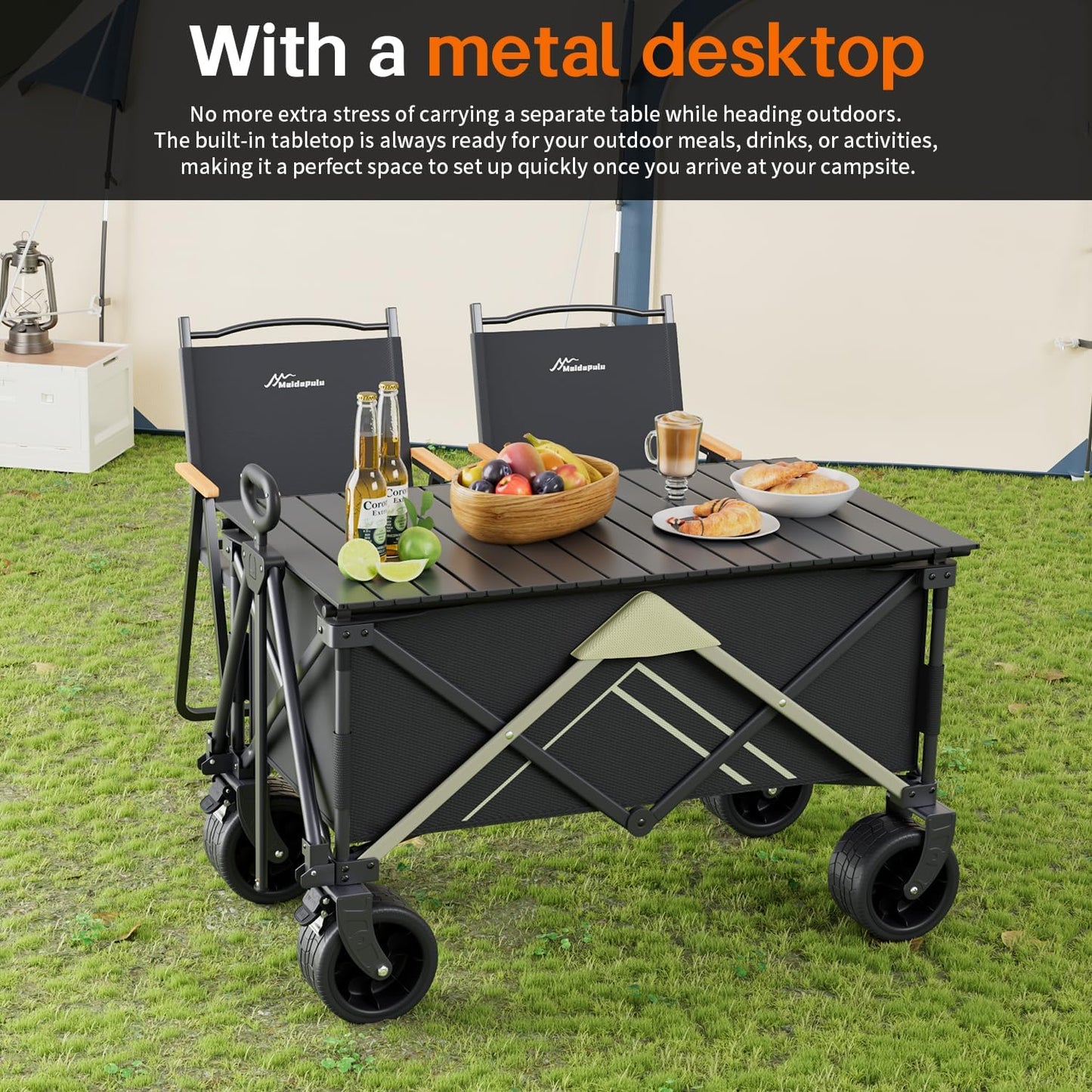 Wagons Carts Foldable,Wagon with Table Top,Beach Wagon with Big Wheels for Sand,Camping Sports Garden Beach Grocery(Black)