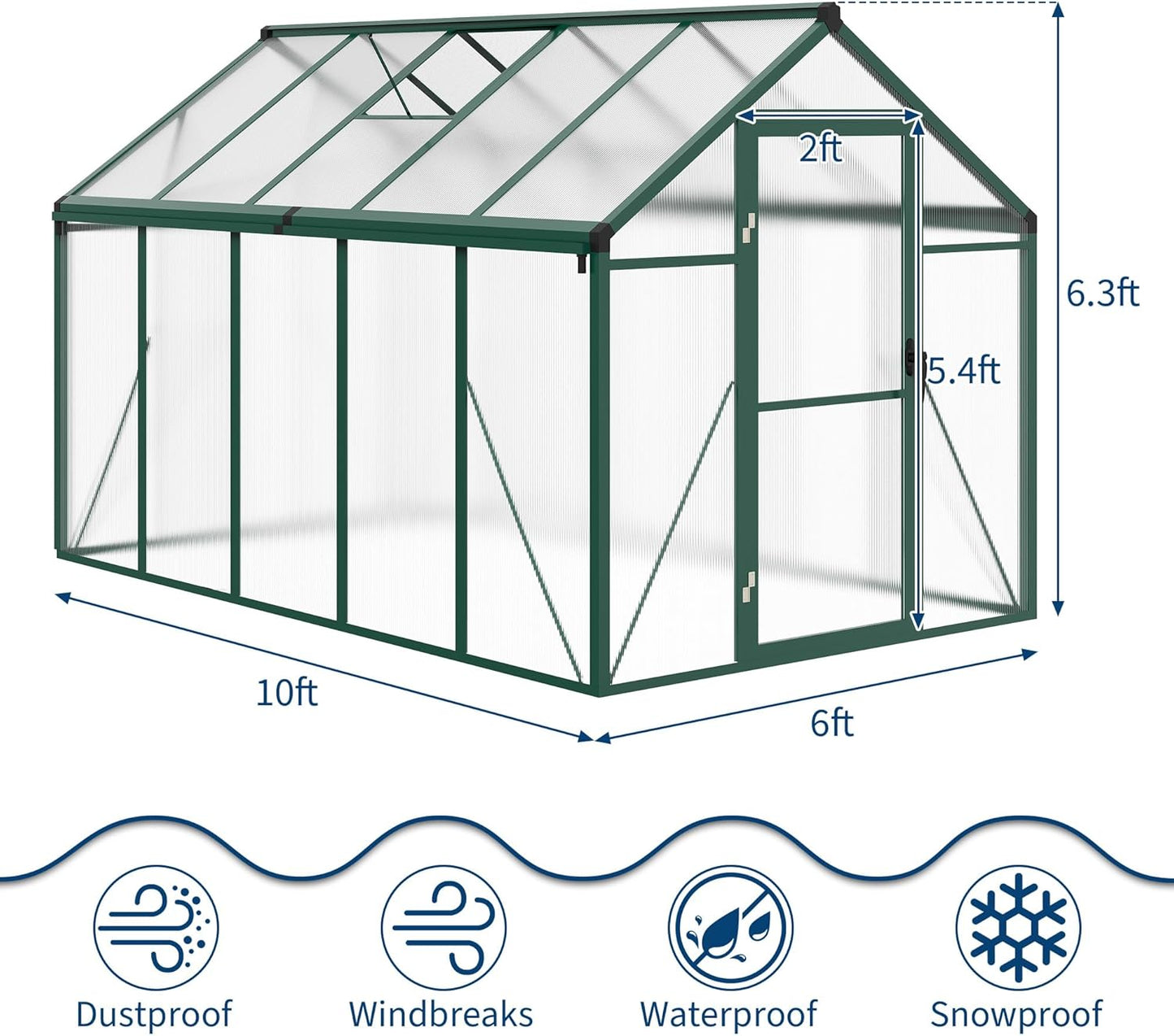 6x10 FT Greenhouse for Outdoors, Polycarbonate Flower Greenhouse with Roof Vent, Push-Pull Lockable Door, Aluminum Walk-in Greenhouses for Outside Garden Backyard, Patio, Lawn, Green