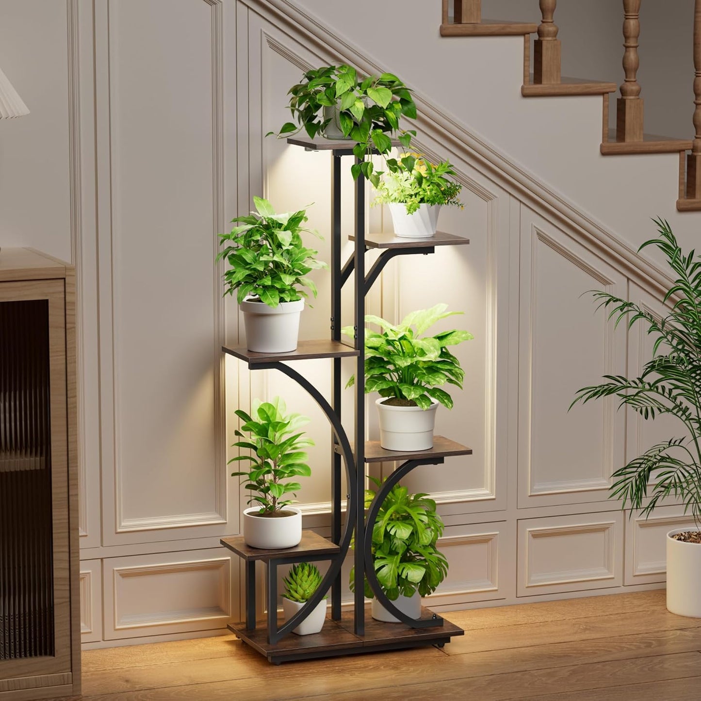 Plant Stand with Grow Lights Indoor, 6 Tiered Plant Shelf, 45" Corner Display Storage Shelf, Curved Design Flower Stand for Living Room, Bedroom, Patio Decor, Black
