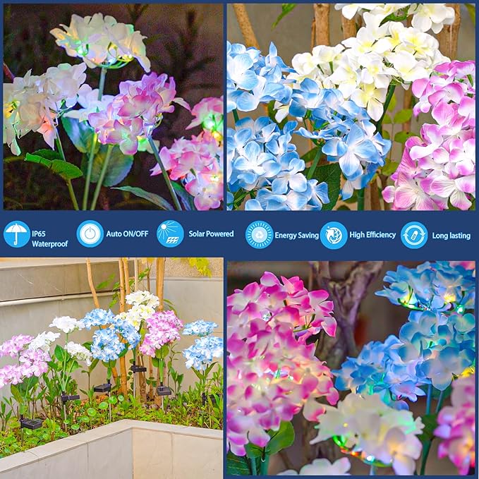 TONULAX Solar Garden Lights - 3 Pack Upgraded Version Outdoor Lights, Colorful Hydrangea Flower Light for Yard Decor, Garden Decoration, Two Lightning Modes & Enlarged Solar Panel