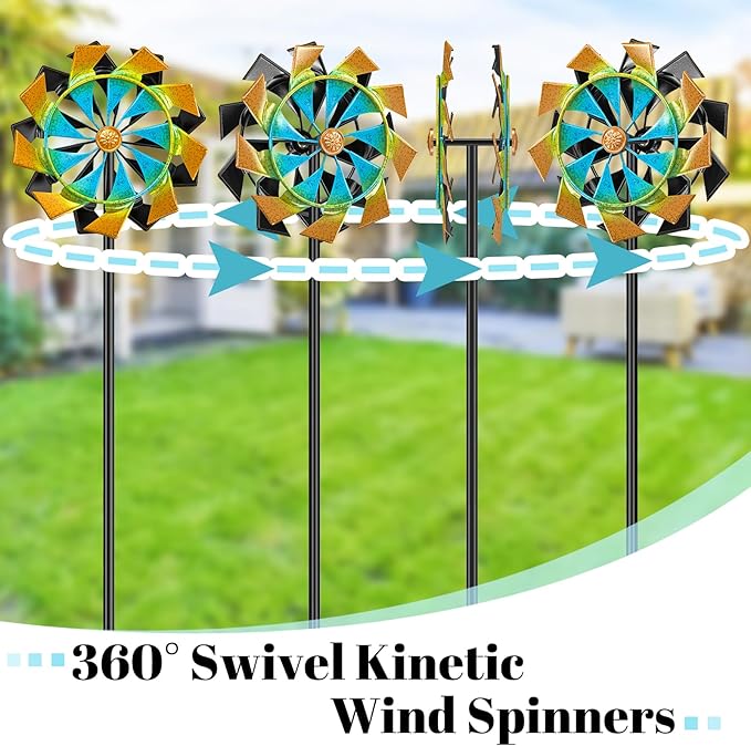 Outdoor 59 Inch Kinetic Wind Spinner, Double Blade Wind Sculpture with 5 Prong Base, Geometric Metal Windmill for Garden, Lawn & Patio Decoration (Colorful)
