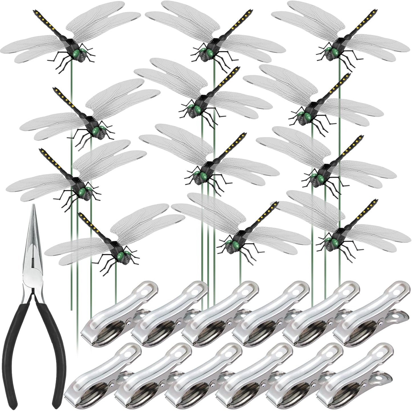 NiHome 12-Pack Large Dragonfly Clip Decoration Set for Garden, Hat, Pet, Indoor & Outdoor Display, Easy Installation Realistic Waterproof PVC Dragonflies (Black)