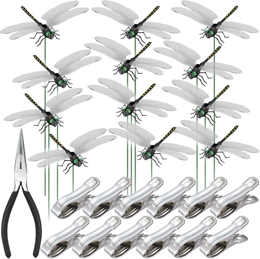NiHome 12-Pack Large Dragonfly Clip Decoration Set for Garden, Hat, Pet, Indoor & Outdoor Display, Easy Installation Realistic Waterproof PVC Dragonflies (Black)