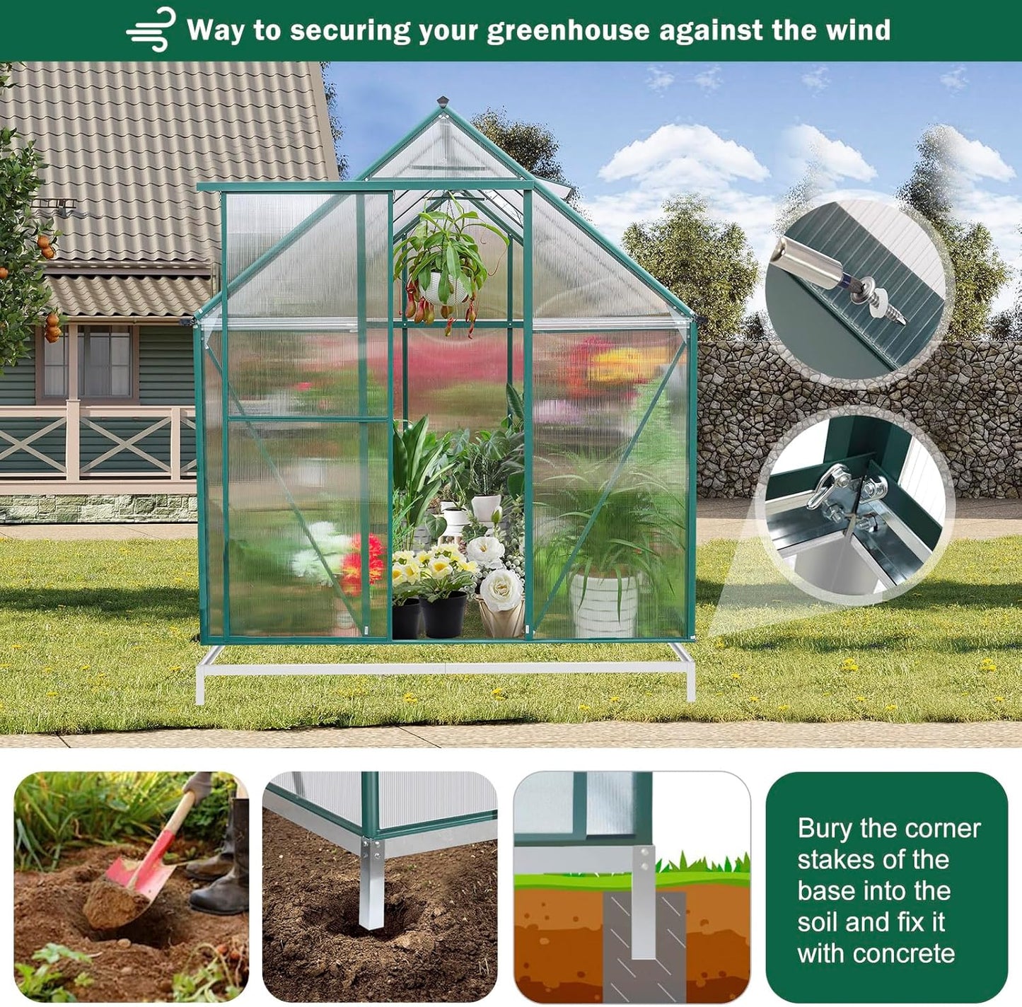 CDCASA 10.2x6.2 FT Greenhouse, Polycarbonate Greenhouses Heavy Duty Aluminum Greenhouse for Outdoors w/ Lockable Doors & 2 Vent Window Walk-in Green House Sunroom for Outside Backyard, Green