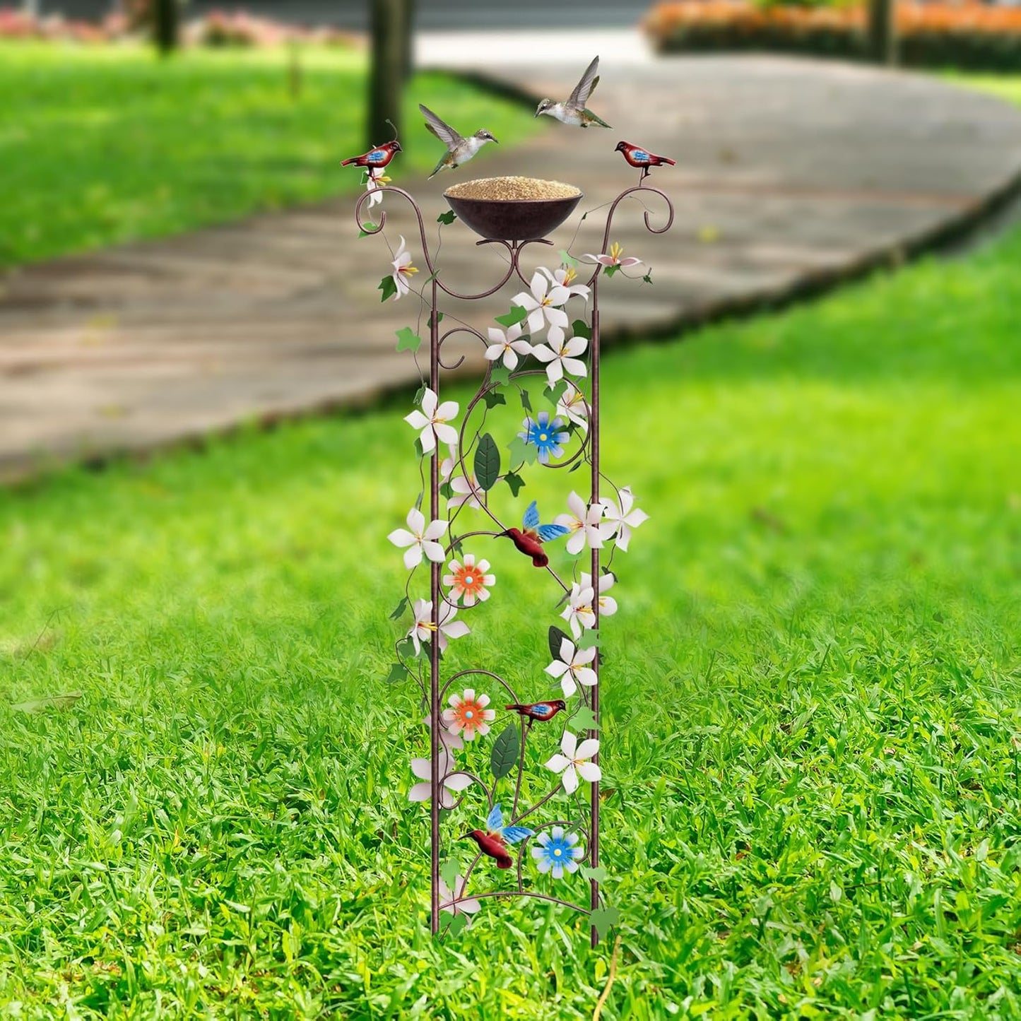 Bird Bath for Outside - Antique Iron Bird Bath with Trellis,Detachable Decorative Hummingbird Bowl,Metal Plant Support for Climbing Flowers,Elegant Outdoor Garden Feature (Hummingbird)