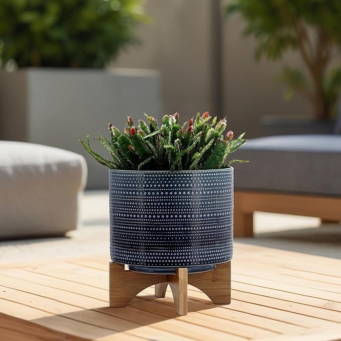 Sagebrook Home Textured Ceramic Planter with Wood Stand, Elevated Indoor/Outdoor Planter, Blue with Gray Dots, 8 L x 8 W x 10 H