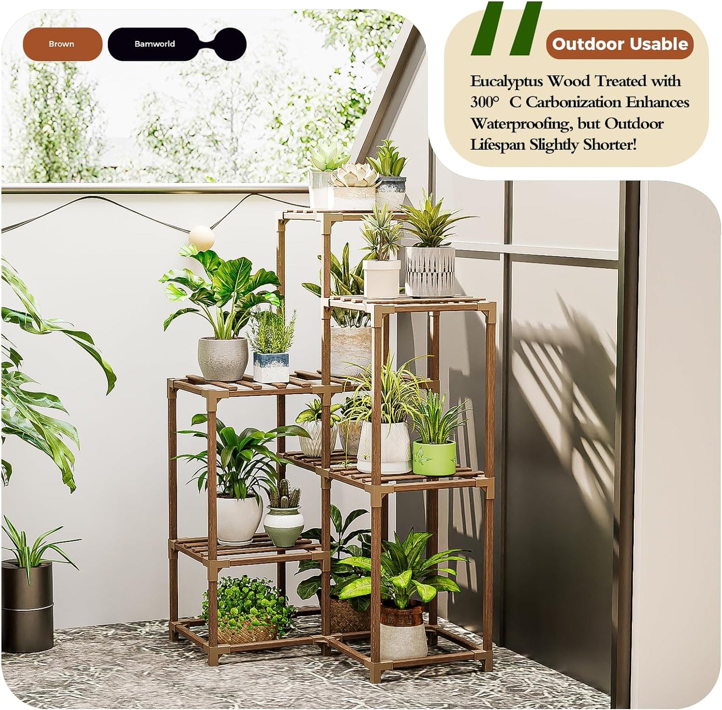 Bamworld Indoor Outdoor Plant Stand Shelf Corner Table 7 Pots Holder for Living Room Multiple Plants Patio Balcony Garden Decor