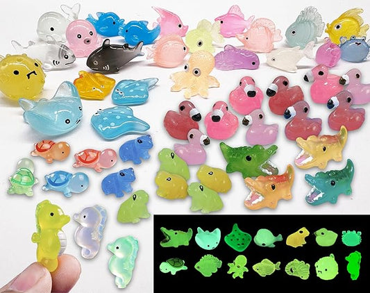 Luminous Mini Resin Ocean Animals 50Pcs Tiny Animals Tiny Turtle Octopus Seahorse Crocodile Dolphin Shark Frog Glow in The Dark for Garden Miniatures Accessories Landscape Aquarium Potted Decoration